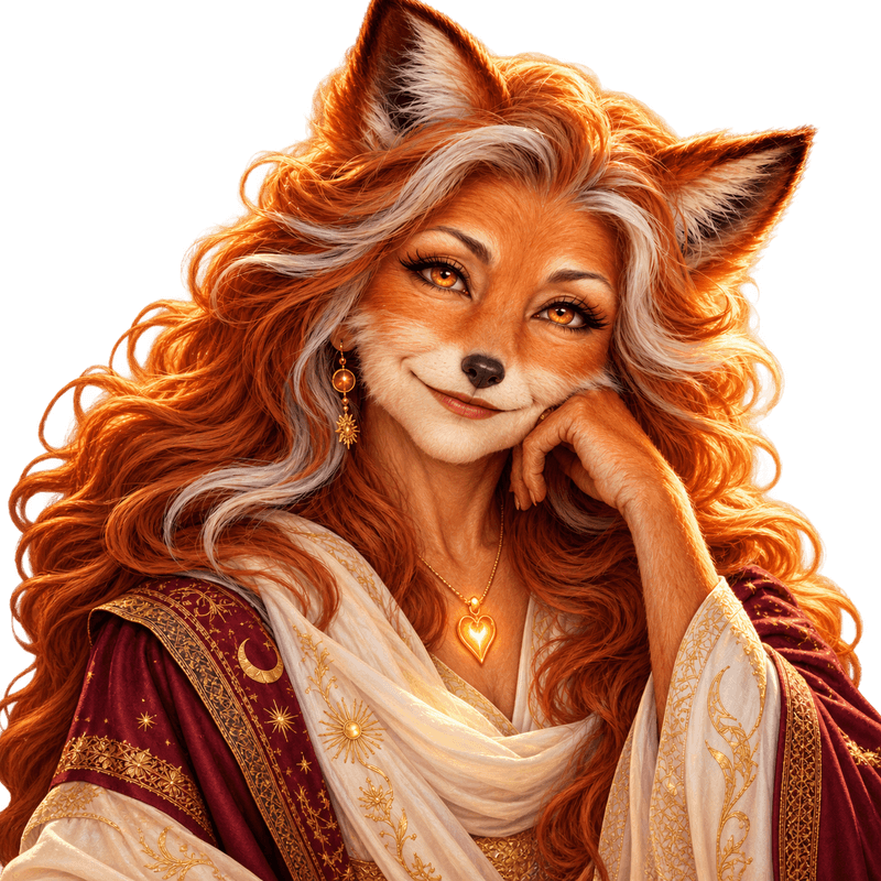 Retrato ilustrado de Ivy Maya: uma raposa de longos cabelos ruivos e prateados, com um manto vinho bordado em dourado e um pingente em forma de coração.
